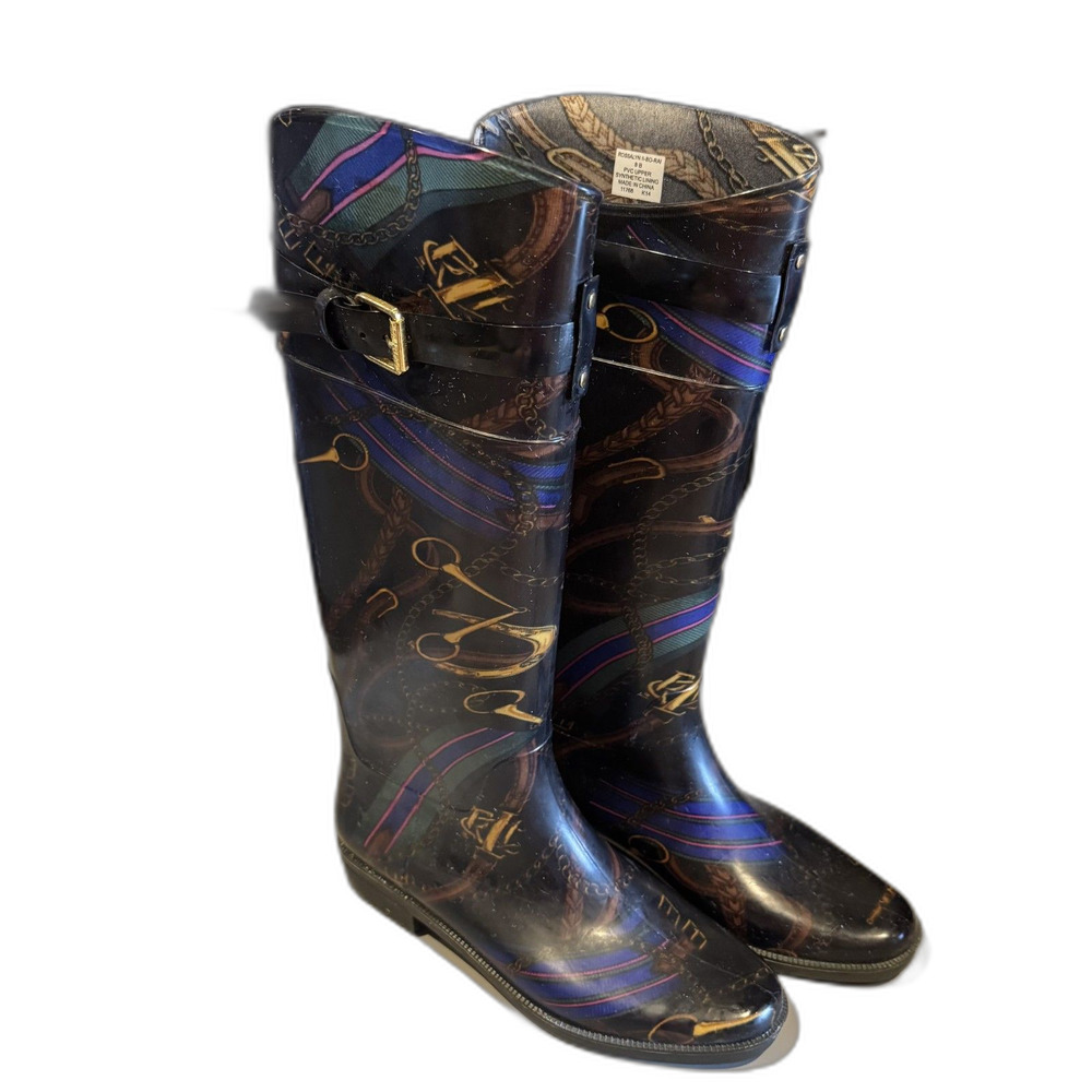 Lauren Ralph Lauren Rain Boots Rossalyn II Equestrian Tall Black Preppy Women 8